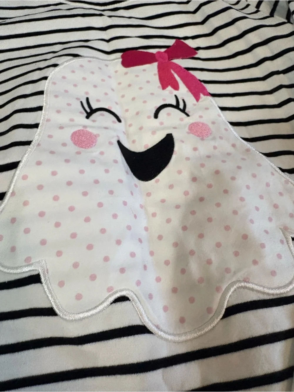 Girls' Black & White Striped Dress with Pink Ghost Accents